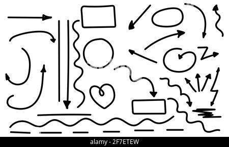 Satz von handgezeichneten Pfeilen, Kreisen und abstrakter Doodle-Schrift. Vektor-Design für Business-Plan und Bildung Stock Vektor