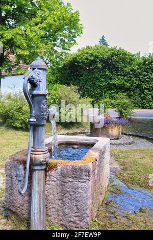 Aus dem Wasser fließendes Wasser pumpt an einem Frühlingstag einen Brunnen auf das Gras in einem Park in Potabach, Deutschland. Stockfoto