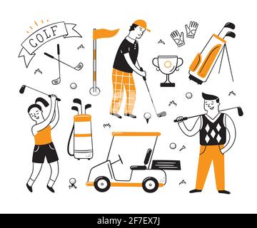 Golfausrüstung und Golfer im Doodle-Stil. Club, Tasche und Golfwagen. Handgezeichnete Vektorgrafik Stock Vektor