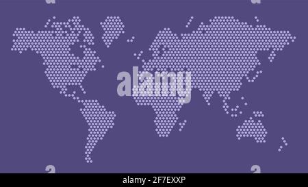Weltkarte mit violetten sechseckigen Pixeln. Vektor-Illustration Planet Erde Kontinente Sechskantkarte gepunktetes Mosaik. Verwaltungsgrenze, Landzusammensetzung. Stock Vektor