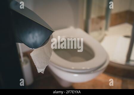 Toilettenpapierrolle auf einem Kleiderbügel im Hotelbadezimmer. Sichtbare Toilette und Spültaste im Hintergrund. Konzept der Verwendung von Toilettenpapier im Hotel. Stockfoto