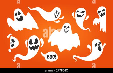 Niedliche Geisterfiguren flaches Design Vektor Illustration Set isoliert auf orangefarbenem Hintergrund. Halloween boo gruseliges Symbol, das über dem Boden fliegt. Stock Vektor