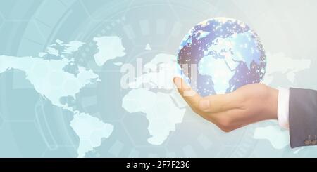 Globus in Geschäftsleuten Händen, abstrakte Technologie, Social-Network-Konzept. Stockfoto