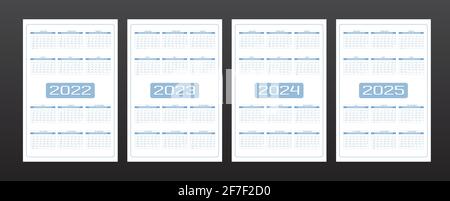 Kalender 2022 2023 2024 2025 in minimalistischem urbanen Trendstil. Abgerundete, stromliniierte Form, grau-blaue Farbe. Die Woche beginnt am Sonntag. Stock Vektor