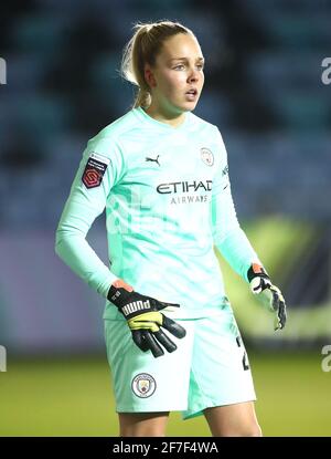 Datei-Foto vom 12-02-2021 von Manchester City Torhüterin Ellie Roebuck während des Spiels der FA Women's Super League im Academy Stadium, Manchester. Ausgabedatum: Mittwoch, 7. April 2021. Stockfoto