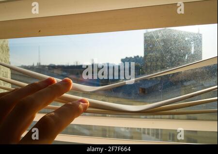 Junger Mann beobachtete durch Plastikjalousien die Straße. Nahaufnahme Hand öffnen Jalousie aus dem Fenster zu sehen. Stockfoto