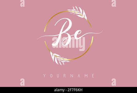 BE b e Letters Logo-Design mit goldenem Kreis und weißen Blättern auf Ästen um. Vektorgrafik mit B- und E-Buchstaben für persönliches Branding, cor Stock Vektor