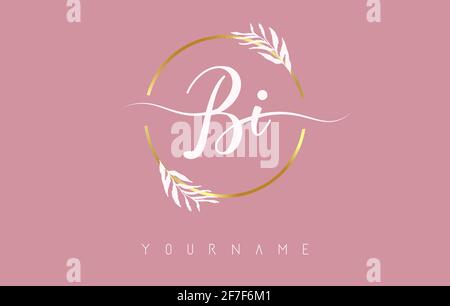 BI b i Letters Logo-Design mit goldenem Kreis und weißen Blättern auf Ästen. Vektorgrafik mit B- und I-Buchstaben für persönliches Branding, cor Stock Vektor