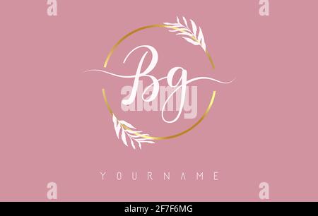 BG b g Letters Logo-Design mit goldenem Kreis und weißen Blättern auf Ästen um. Vektorgrafik mit B- und G-Buchstaben für persönliches Branding, cor Stock Vektor