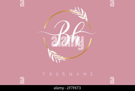 BH b h Letters Logo-Design mit goldenem Kreis und weißen Blättern auf Ästen um. Vektorgrafik mit B- und H-Buchstaben für persönliches Branding, cor Stock Vektor