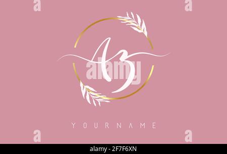 AZ a z Letters Logo-Design mit goldenem Kreis und weißen Blättern auf Ästen um. Vektorgrafik mit BUCHSTABEN A und Z für persönliches Branding, cor Stock Vektor
