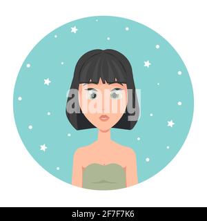 Junge Frau Avatar mit kurzen Haaren quadratischen Haarschnitt und großen grünen Augen, Vektor-Illustration in flachen Stil.. Stock Vektor