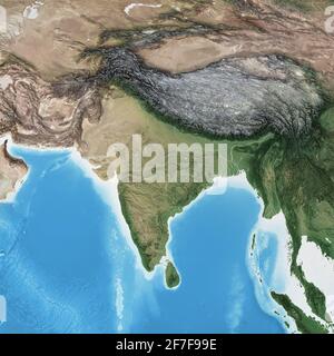 Physische Karte von Südasien, mit hochauflösenden Details. Abgeflachte Satellitenansicht des Planeten Erde und seiner Geographie - von der NASA eingerichtete Elemente Stockfoto