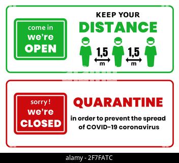 Kommen Sie herein, wir sind offen und es tut uns leid, dass wir geschlossen sind.Tragen Sie Gesichtsmaske und halten Sie soziale Distanz. Warnschild für Informationen. Einschränkung und Vorsicht COVID Stock Vektor