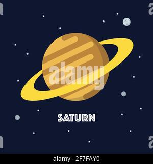 Saturn auf Weltraumhintergrund. Stern und Planeten auf Galaxienhintergrund. Vektorgrafik im flachen Stil Stock Vektor