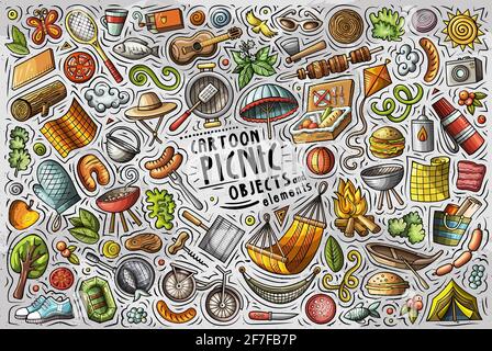 Bunte Vektor handgezeichnete Doodle Cartoon Satz von Picknick-Themen, Objekte und Symbole Stock Vektor