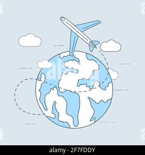 Flugreisen Vektor Karikatur Umriss Illustration. Flugzeug fliegt um den Planeten. Reisen, Urlaub, Tourismus, Online-Buchung App-Elemente. Flugzeug fliegt um den Globus, Flugzeugpfad Konzept. Stock Vektor
