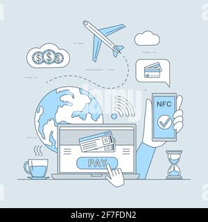 Kauf von Tickets über Website Vektor Cartoon skizzieren Illustration. Reisevorbereitung, Online-Shopping, kontaktlose Bezahlung per Smartphone. Kabellose Zahlung mit Kredit- oder Debitkarte. Stock Vektor