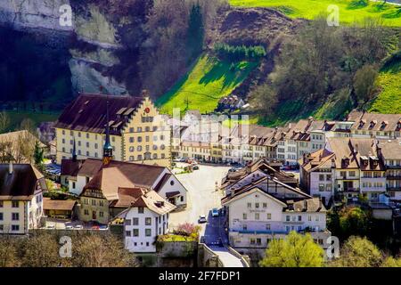 Erhöhte Ansicht des Bezirks Fribourg Auge, Kanton Freiburg, Schweiz. Stockfoto