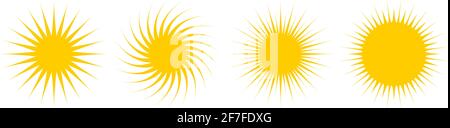 Satz von Sonnen- oder Sonnenvektorsymbolen auf einem weißen, isolierten Hintergrund. Glatte gezackte Strahlen in verschiedenen Sonnen- oder Solardesigns. Stock Vektor