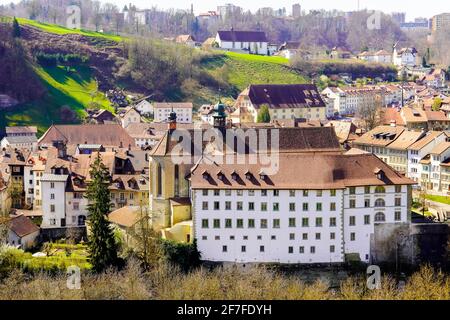 Erhöhte Ansicht des Bezirks Fribourg Auge, Kanton Freiburg, Schweiz. Stockfoto