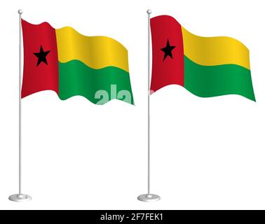 Flagge von Guinea Bissau auf Fahnenmast winkend im Wind. Design-Element für den Urlaub. Kontrollpunkt für Kartensymbole. Isolierter Vektor auf weißem Hintergrund Stock Vektor