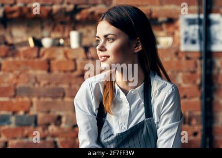 Frau Schürzen Kellner Service Restaurants arbeiten Lebensstil Stockfoto