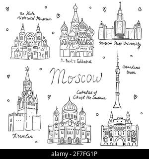 Handgezeichnete Doodel-Skizze von Moskauer Wahrzeichen. Universität, Kathedrale, Kreml, Basilius-Tempel, Historisches Museum. Fehlende Linie auf weißem Hintergrund Stock Vektor