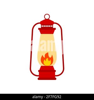 Alte Laterne Farbe Ikone mit Flamme. Campingausrüstung. Petroleumlampe. Vintage rote Gasbeleuchtung. Symbol für Outdoor-Aktivitäten. Retro Öl Laterne Dekoration Stock Vektor