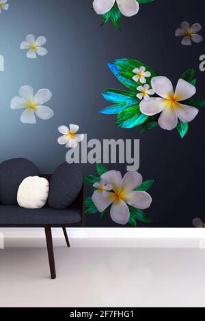 Weiße gelbe Blumenwand mit grauer Sofacouch, im modernen Innenhintergrund, Nahaufnahme, Wohnzimmer, 3D-Rendering, 3D-Illustration. Idee für Zeitschriften Stockfoto