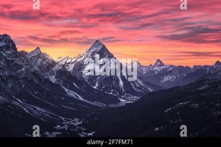 Rosa Sonnenaufgang auf Antelao und Cortina d'Ampezzo Tal im Winter mit Schnee, Dolomiten, Trentino-Südtirol, Italien, Europa Stockfoto