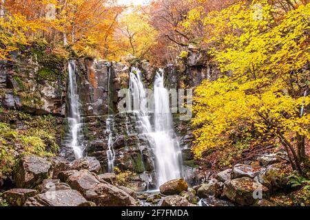 Langzeitbelichtung an den Dardagna Wasserfällen im Herbst, Parco Regionale del Corno alle Scale, Emilia Romagna, Italien, Europa Stockfoto