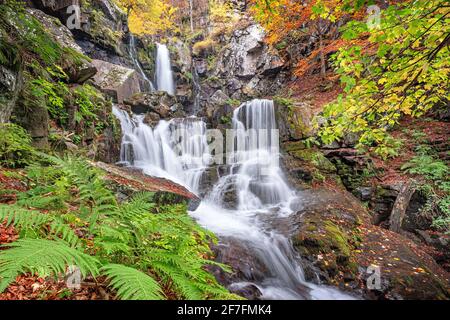 Langzeitbelichtung an den Dardagna Wasserfällen im Herbst, Parco regionale del Corno alle Scale, Emilia Romagna, Italien, Europa Stockfoto