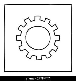 Doodle-Zahnradsymbol oder -Logo, handgezeichnet mit dünner schwarzer Linie. Stock Vektor