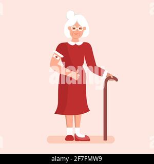 Impfung für ältere Menschen. Eine ältere Frau zieht den Ärmel ihres Kleides hoch, um den Impfverband zu enthüllen. Coronavirus-Impfung. Vektor Stock Vektor