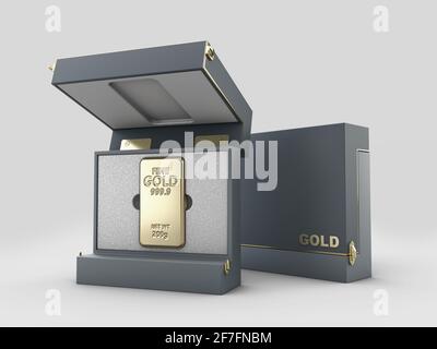 3d Abbildung einer Schachtel mit Goldbarren, Gold im Karton. Beschneidungspfad enthalten Stockfoto