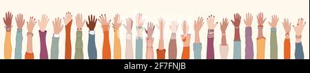 Gruppe von vielen hob Waffen und Hände.Vielfalt multiethnischen Menschen. Männer und Frauen unterschiedlicher Kultur und Nationen. Rassengleichheit. Harmonie der Koexistenz. Stock Vektor
