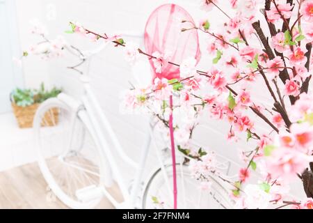 Retro-Fahrrad mit rosa Netz, Blumen auf dem Hintergrund des weißen Hauses von vorne nach hinten Hof geschossen. Einrichtung im provenzalischen Stil im Studio Stockfoto