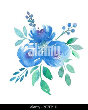 Handzeichnung Boho Aquarell florale Illustration mit blauen Blumen, Zweigen, Beeren, Blättern Stockfoto