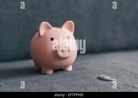 Sparschwein in Form eines Schweins und eines Silbermünze auf dunklem Hintergrund mit Kopierfläche Stockfoto