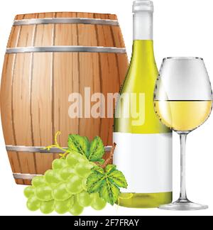 Weißweinflasche, Glas, Holzfass und frische Trauben isoliert auf weißem Hintergrund. Fotorealistische Vektordarstellung. Stock Vektor