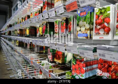 Moskau, Russland, Dezember 2019: Nahaufnahme eines Stands mit Papiertüten mit Samen verschiedener Arten von Rettich - weiß, rot, etc. Verkauf im Geschäft. Stockfoto