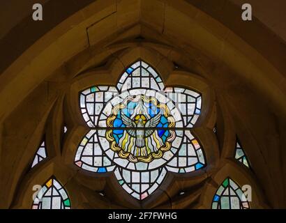 ST. John the Baptist Church Yarkhill, Glasmalerei mit der Pfingsttaube, Herefordshire, Großbritannien. März 2021 Stockfoto