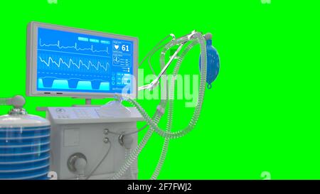Medizinische 3d-Darstellung, Beatmungsgerät für die ITS-Lunge mit 3D-Darstellung des Betts, grün isoliert Stockfoto
