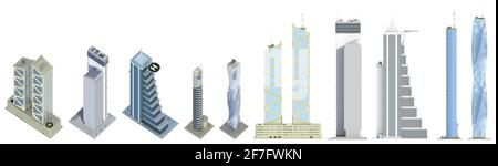 10 Vogelperspektive hoch detaillierte Renderings von fiktionalen Design-High-Tech-Wolkenkratzern mit wolkigen Himmelsreflexionen - isolierte, 3d-Illustration des Architekten Stockfoto