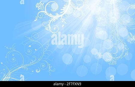 Edler Hintergrund blau weiß, pastellfarben sonnig leuchten Licht Sonnenschein Strahlen, Blätter Ranken floral am Rand Bokeh Glitter luxuriöse zeitlose Design Stockfoto