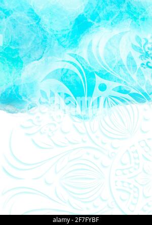 Hintergrund Vorlage A4 Layout Design leuchtend blau türkis Wolken Aquarell Ornament weiß edel einfach schön retro natürliche Grußkarte Poster Stockfoto