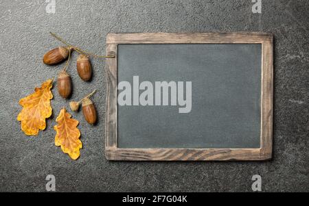 Thanksgiving-Karte mit Eichenblättern, Eicheln und Kreidetafel Stockfoto