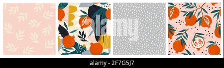 Collage zeitgenössischen Granat, Granatapfel floral und Polka dot Formen nahtlose Musterset. Modernes exotisches Design für Papier, Cover, Stoff, Inneneinrichtung Stock Vektor