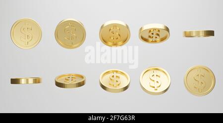 Set von Goldmünze mit Dollar-Zeichen in verschiedenen Formen auf weißem Hintergrund. 3D Rendern. Stockfoto